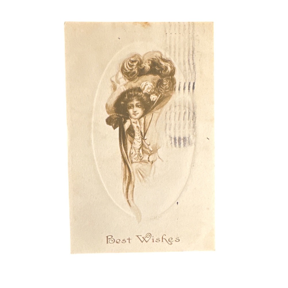 Vintage 1911 Best Wishes Postcard Woman in Feathered Hat Salinas CA Postmark